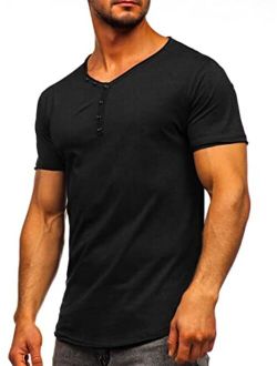 Angbater Mens Fashion Henley Shirts V Neck Short Sleeve Basic Solid T-Shirt Casual Cotton Tee Buttons Closure Curve Hem Shirt