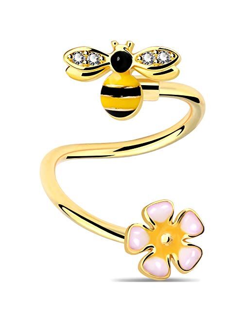 OUFER Helix Piercing 16G 316L Stainless Steel Twisted Spiral Barbell Cute Dainty Bee Flower Belly Bars Navel Ring Lip Labret Piercing Jewellery