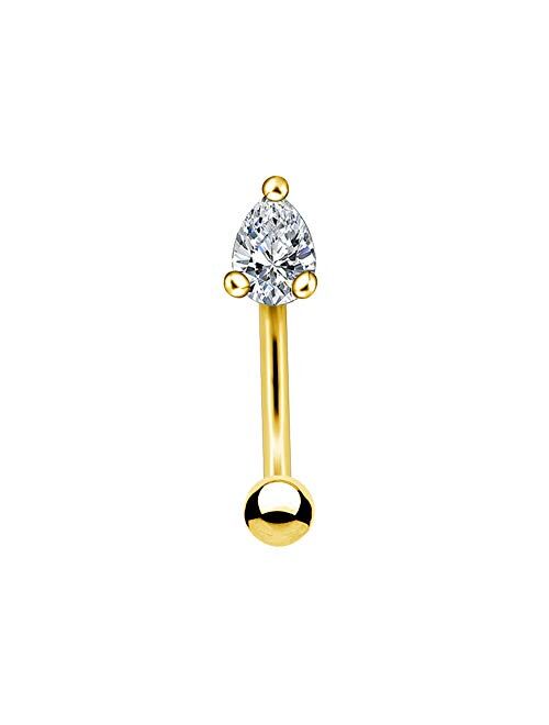 OUFER 14K Solid Gold Rook Earring Teardrop CZ Prong Set Top 16ga Eyebrow Curved Rings Rook Piercing