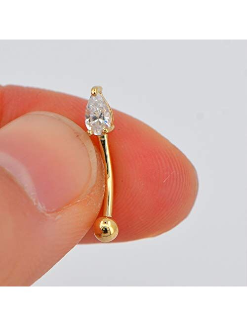OUFER 14K Solid Gold Rook Earring Teardrop CZ Prong Set Top 16ga Eyebrow Curved Rings Rook Piercing