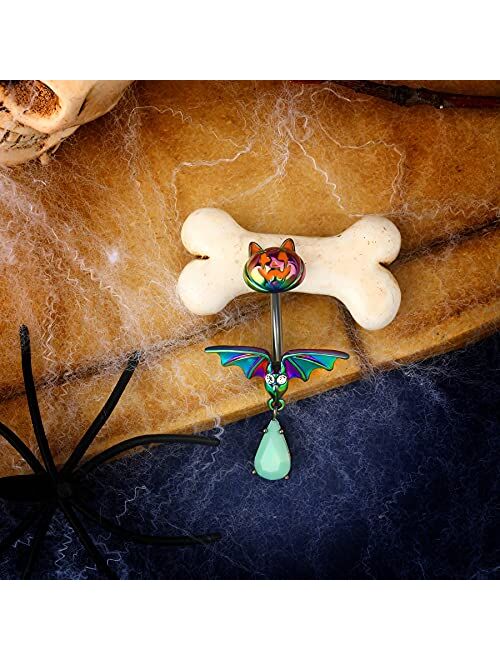 OUFER Belly Button Ring Pumpkin & Bat Surgical Steel Halloween Belly Rings Dangle Navel Body Piercing Jewelry