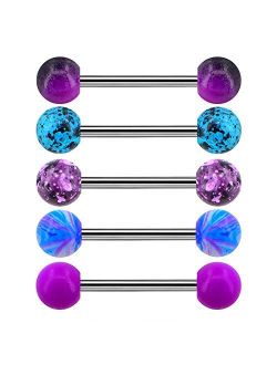 5 PCS 14G Stainless Steel Tongue Rings Barbell Purple Black Splatter Tongue Rings Blue Swirl Tongue Barbell Piercing Jewelry