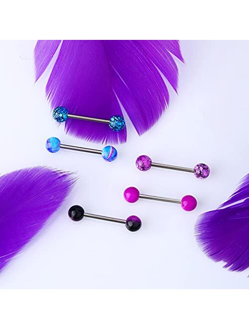 OUFER 5 PCS 14G Stainless Steel Tongue Rings Barbell Purple Black Splatter Tongue Rings Blue Swirl Tongue Barbell Piercing Jewelry
