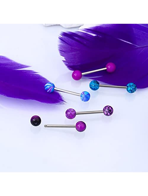 OUFER 5 PCS 14G Stainless Steel Tongue Rings Barbell Purple Black Splatter Tongue Rings Blue Swirl Tongue Barbell Piercing Jewelry