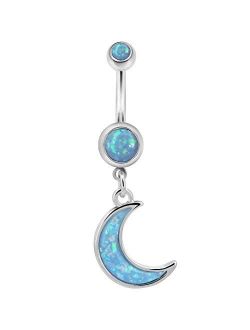 14G Stainless Steel Belly Button Rings Blue Opal Moon Dangle Navel Rings Belly Piercing