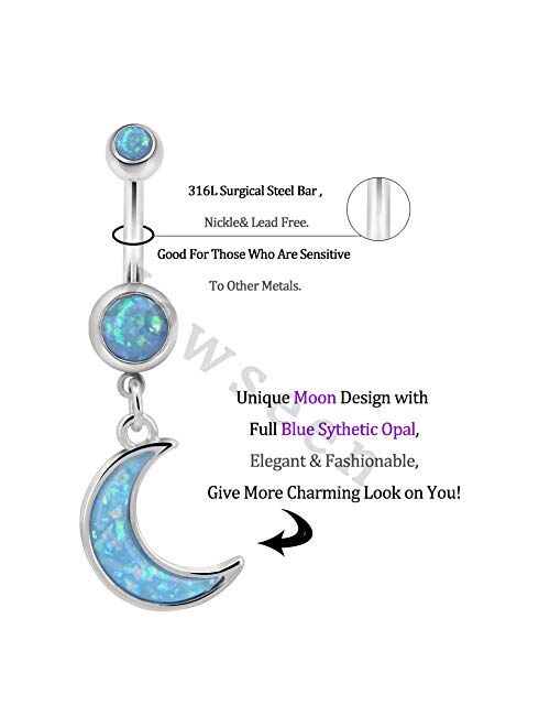 OUFER 14G Stainless Steel Belly Button Rings Blue Opal Moon Dangle Navel Rings Belly Piercing