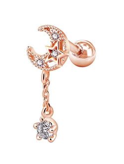 16G Stainless Steel Cartilage Earring Moon with CZ Dangle Tragus Earrings Cartilage Earring Stud