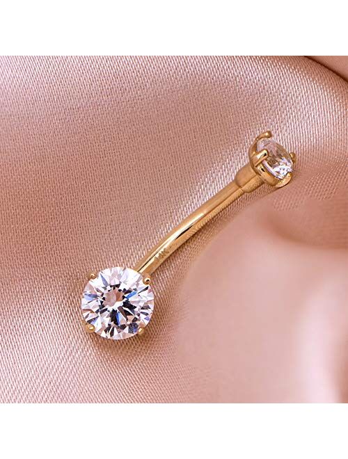 OUFER 14G Solid Gold Belly Button Rings Clear CZ Navel Ring Belly Button Piercing Navel Jewelry 14K Yellow/White Gold Belly Rings