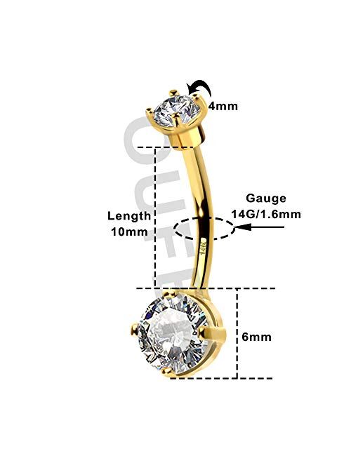 OUFER 14G Solid Gold Belly Button Rings Clear CZ Navel Ring Belly Button Piercing Navel Jewelry 14K Yellow/White Gold Belly Rings