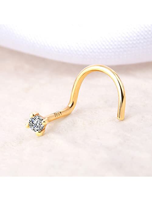 OUFER Gold Nose Studs 20G Nose Piercings Solid Gold L-Shaped Nose Stud Screw Nose Bone Nose Rings Screw Nose Piercing Jewelry