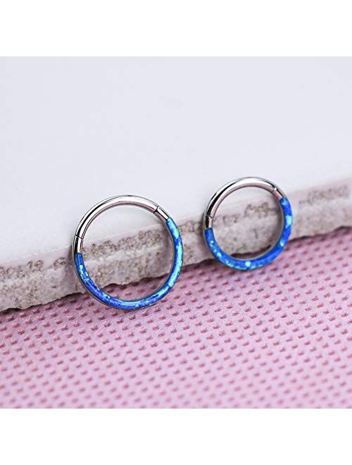 OUFER Synthetic White/Blue Opal Daith Septum Piercing Hoop 316L Stainless Steel Cartilage Helix Lobe Earrings Tragus Conch Piercing Jewelry