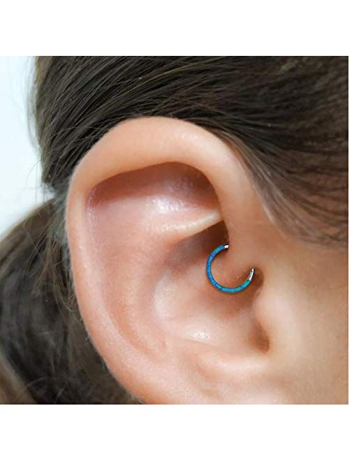 OUFER Synthetic White/Blue Opal Daith Septum Piercing Hoop 316L Stainless Steel Cartilage Helix Lobe Earrings Tragus Conch Piercing Jewelry