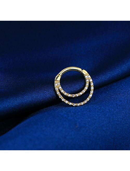 OUFER 14K Solid Gold Daith Septum Rings Double Layer Clear CZ Paved Daith Helix Earrings Septum Piercing Jewelry