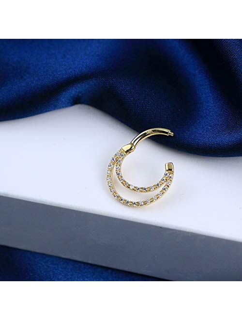 OUFER 14K Solid Gold Daith Septum Rings Double Layer Clear CZ Paved Daith Helix Earrings Septum Piercing Jewelry
