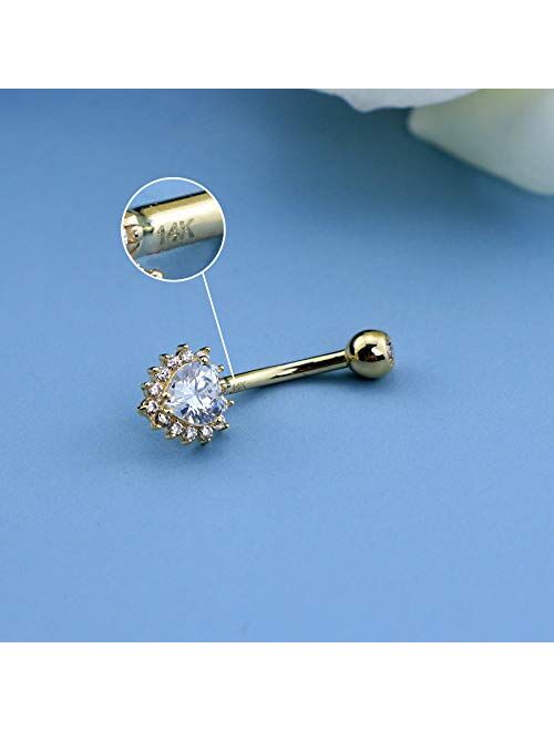 OUFER 14K Solid Gold Heart Belly Button Piercing Small Sun Flower Navel Button Ring Clear 5A Cubic Zirconia Design Belly Rings Piercing Jewelry