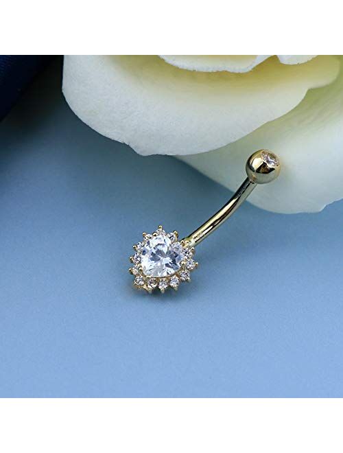 OUFER 14K Solid Gold Heart Belly Button Piercing Small Sun Flower Navel Button Ring Clear 5A Cubic Zirconia Design Belly Rings Piercing Jewelry