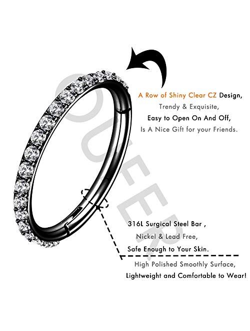 OUFER Black Conch Earring Hoop 16G Stainless Steel Cartilage Earrings Clear CZ Paved Tragus Helix Earrings Cartilage Earring Septum Nose Ring Hoop