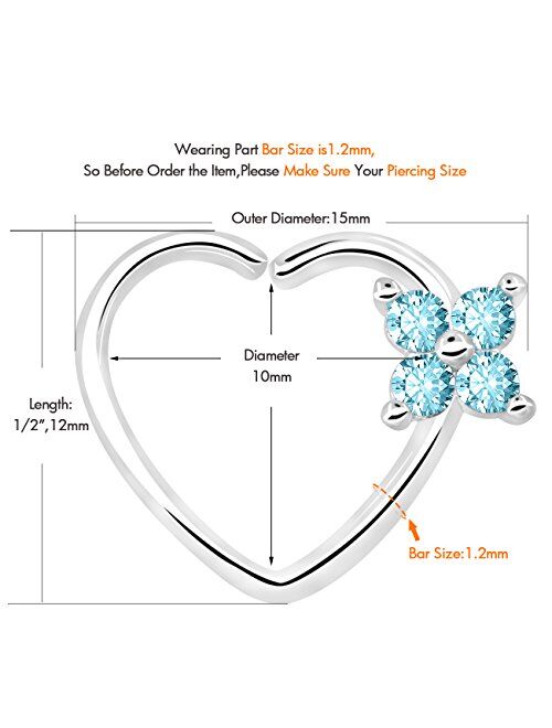 OUFER 16Gauge Flower CZ Heart Left Closure Daith Cartilage Tragus Earrings Body Piercing Jewelry (white teal)