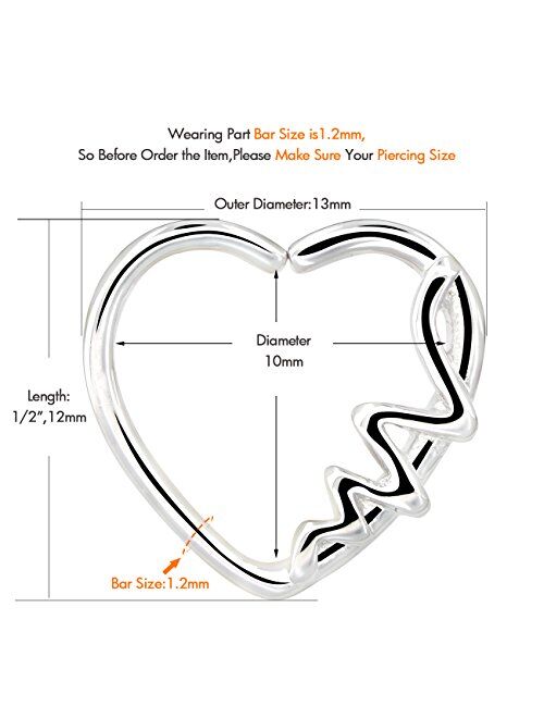 OUFER Body Piercing Jewelry 18K White Gold Plated Heart Shaped Waves Left Closure Daith Cartilag Tragus Helix Earring 16Gauge (white gold)