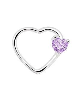 Body Jewelry 18Kt White Gold Plated Purple Heart CZ Left Closure Daith Cartilage 16 Gauge Heart Tragus Earrings 1pc 1.2mm (White Purple)