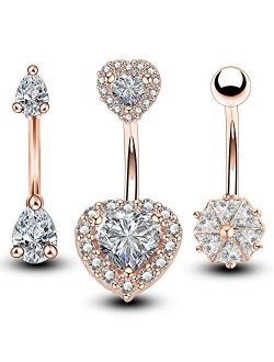 3PCS Rose Gold 316L Surgical Steel 14g Belly Button Rings Clear CZ Navel Rings Belly Jewelry