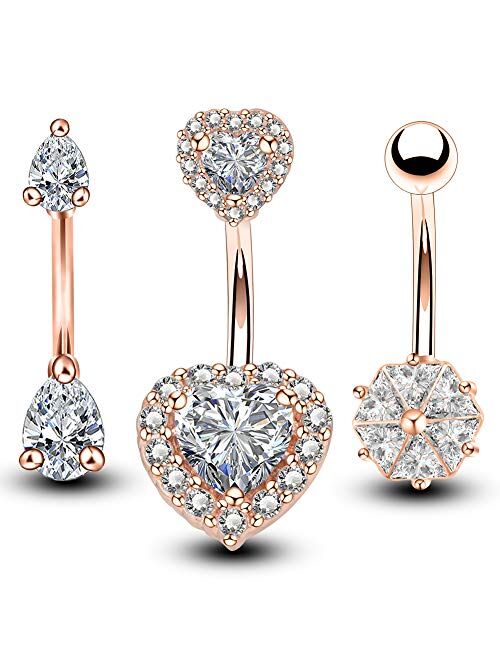 OUFER 3PCS Rose Gold 316L Surgical Steel 14g Belly Button Rings Clear CZ Navel Rings Belly Jewelry