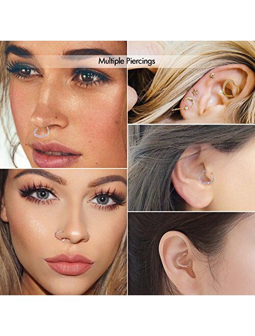 OUFER 2Pieces 18KT Rose Gold Clear Heart Daith Earrings Cartilage Earring Hoop 16Gauge (1.2mm) (Style 1)
