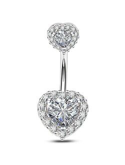 Surgical Steel Double Heart Cubic Zirconia Navel Rings Belly Button Ring 14G (Silver)