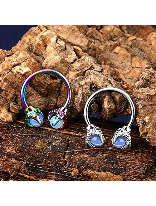OUFER 316L Surgical Steel Circular Earrings Two White Opals Surrounded by Dragon Claws Cartilage Earring Ear Body Piercing Jewelry Helix Earrings Piercing