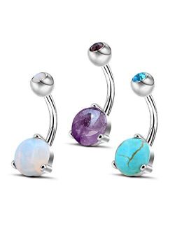 3PCS Stone Belly Button Ring 316L Surgical Steel Curved Navel Barbell Body Piercing 14G (1.6mm)