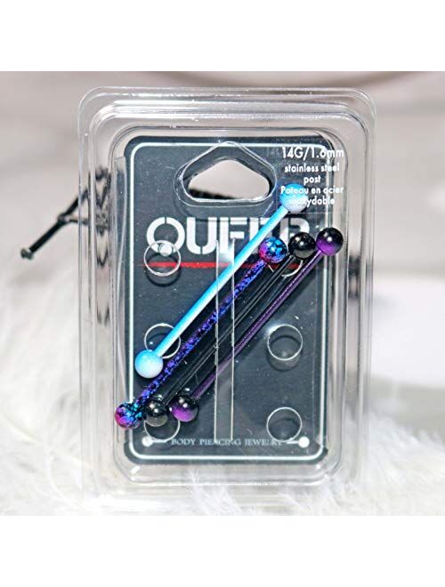 OUFER 14G 4PCS Stainless Steel Industrial Barbell Purple Black Splatter Industrial Earrings Industrial Piercing Jewelry for Women
