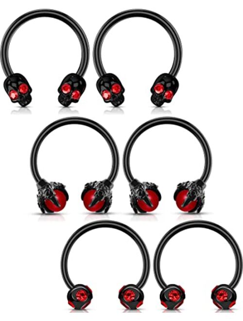 OUFER 6PCS Septum Nose Ring Hoop, 316L Stainless Steel Helix Earrings, Skull Daith Tragus Cartilage Piercing Jewelry, Claw Captive Bead Rings