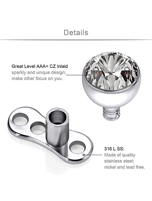 SCERRING 14g Clear CZ Dermal Anchor Tops and Base Titanium Microdermals Piercing Body Piercing Jewelry for Women Men 2mm 3mm 4mm 2-27PCS