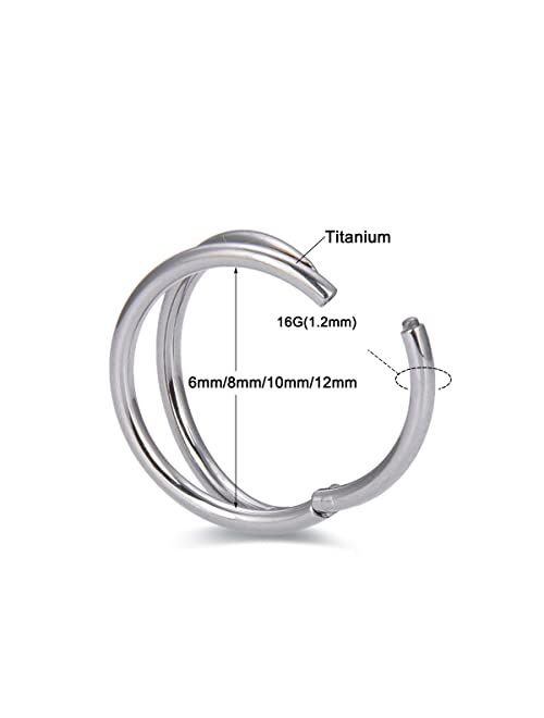 JUSTJANDM G23 Titanium Septum Clicker Nose Ring, 16G Triple Double Open Stack Cubic Zirconia Nose Ring Hoop, Daith Helix Rook Conch Tragus Cartilage Piercing Jewelry for 