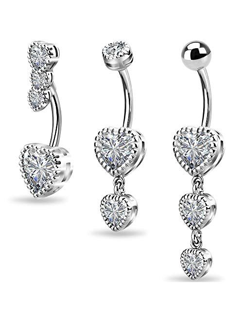 OUFER 3PCS Belly Button Rings Heart Shaped Clear CZ 316L Surgical Steel Belly Rings Dangle Navel Rings Belly Rings Belly Piercing Jewelry Heart Dangle Navel Piercing Jewe