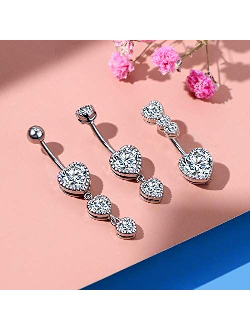 OUFER 3PCS Belly Button Rings Heart Shaped Clear CZ 316L Surgical Steel Belly Rings Dangle Navel Rings Belly Rings Belly Piercing Jewelry Heart Dangle Navel Piercing Jewe