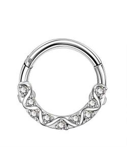 16G 316L Surgical Steel Hinged Segment Rings CZ Wave Line Daith Earrings Hoop Septum Jewelry for Women