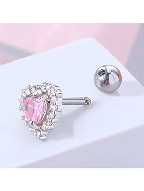 OUFER 16G Helix Earring, Heart Cartilage Earrings, 316L Surgical Steel Tragus Earrings, Shiny Clear CZ Forward Helix Piercing Jewelry