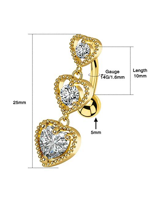 OUFER Dangle Belly Rings 316L Surgical Steel Heart Shaped Reverse Belly Button Rings Curved Ring Navel Piercing Jewelry