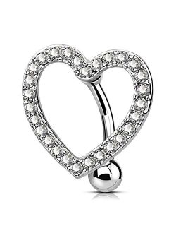 Belly Button Rings, Heart Reverse Navel Rings, Paved CZ Crystal Belly Piercing Jewelry, 14G Surgical Steel Curved Barbells for Women