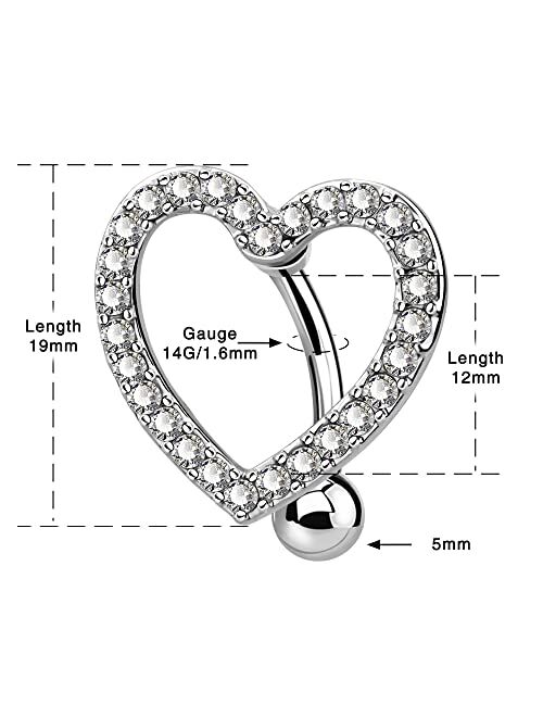 OUFER Belly Button Rings, Heart Reverse Navel Rings, Paved CZ Crystal Belly Piercing Jewelry, 14G Surgical Steel Curved Barbells for Women