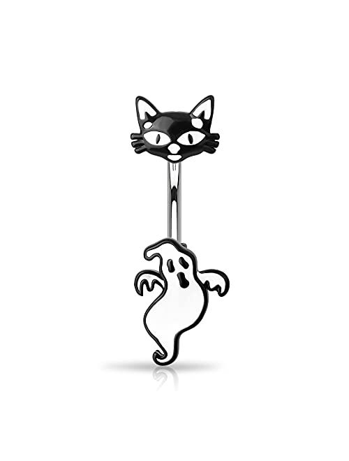 OUFER 14G Halloween Navel Rings Ghost Black Cat 316L Surgical Steel Belly Button Rings Navel Piercing Unisex Jewelry Gifts