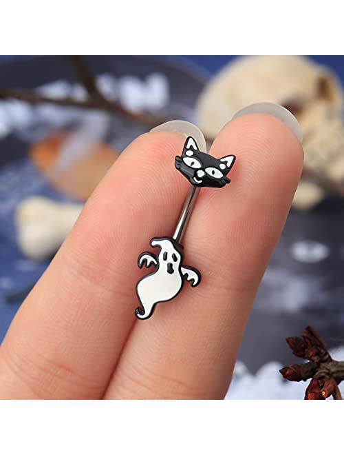 OUFER 14G Halloween Navel Rings Ghost Black Cat 316L Surgical Steel Belly Button Rings Navel Piercing Unisex Jewelry Gifts