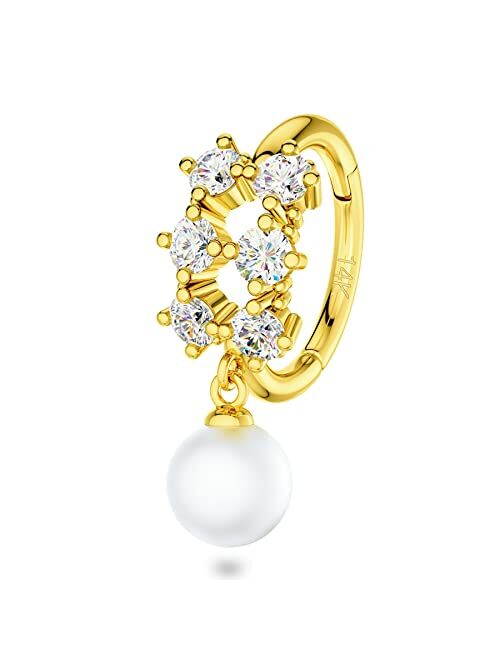 OUFER Gold Daith Earrings Hinged Nose-Rings-Hoop with Pearl Dangle Helix Earrings 14k Solid Gold Cartilage Earrings