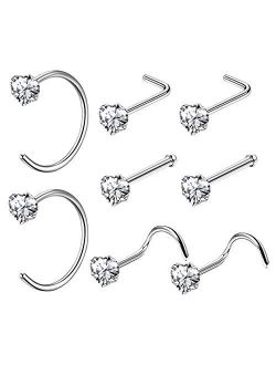 Nose Ring Hoop 8PCS 20G Nose Ring 316L Stainless Steel Clear CZ Nose Studs Screw L-Shaped Nose Piercing Jewelry Set