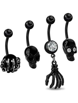 4PCS Belly Button Rings Navel Rings Surgical Steel Black Ghost Belly Piercing Jewelry Belly Rings for Women