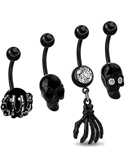OUFER 4PCS Belly Button Rings Navel Rings Surgical Steel Black Ghost Belly Piercing Jewelry Belly Rings for Women
