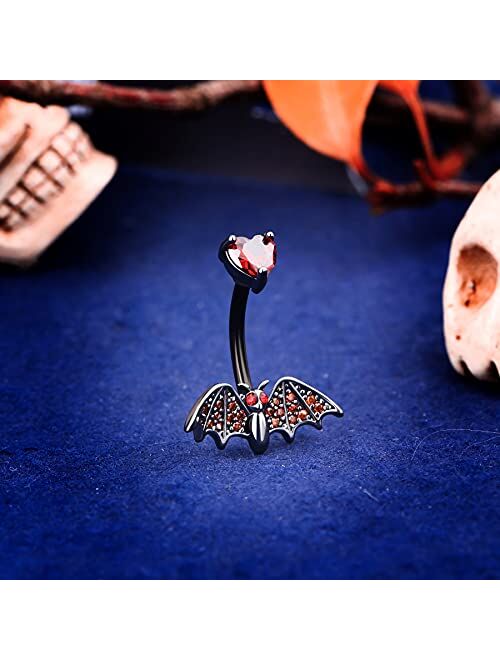 OUFER 14G Halloween Belly Button Rings 316L Surgical Steel Heart Red Gem Black Bat Belly Rings Navel Piercing Jewelry for Women Men Gifts
