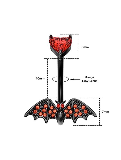 OUFER 14G Halloween Belly Button Rings 316L Surgical Steel Heart Red Gem Black Bat Belly Rings Navel Piercing Jewelry for Women Men Gifts