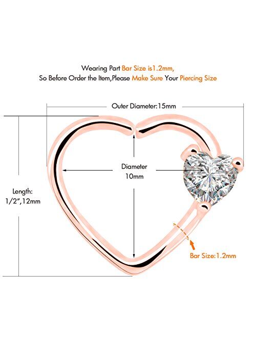 OUFER Body Piercing Jewelry 16 Gauge Clear Heart CZ Left Closure Daith Cartilage Earring Heart Tragus Earrings Piercing (Rose Gold Clear)